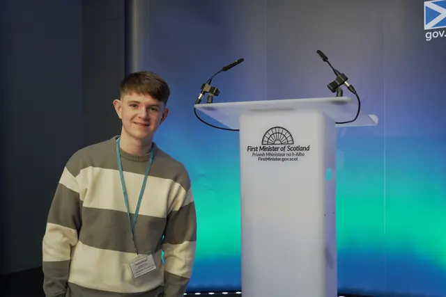 Joshua Adams at the First Minister of Scotland&rsquo;s speech on child poverty, hosted by CentreStage in Kilmarnock in March 2026